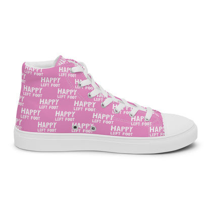 Left shoe inside view HappyStuff mens pink high top sneakers with white playful pattern print of Happy Left Foot