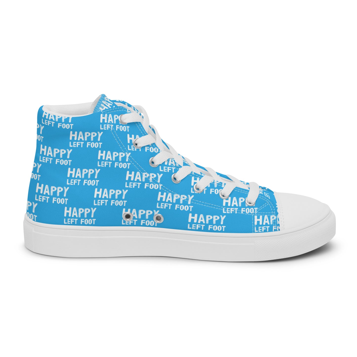 Left shoe inside view HappyStuff mens blue high top sneakers with white playful pattern print of Happy Left Foot