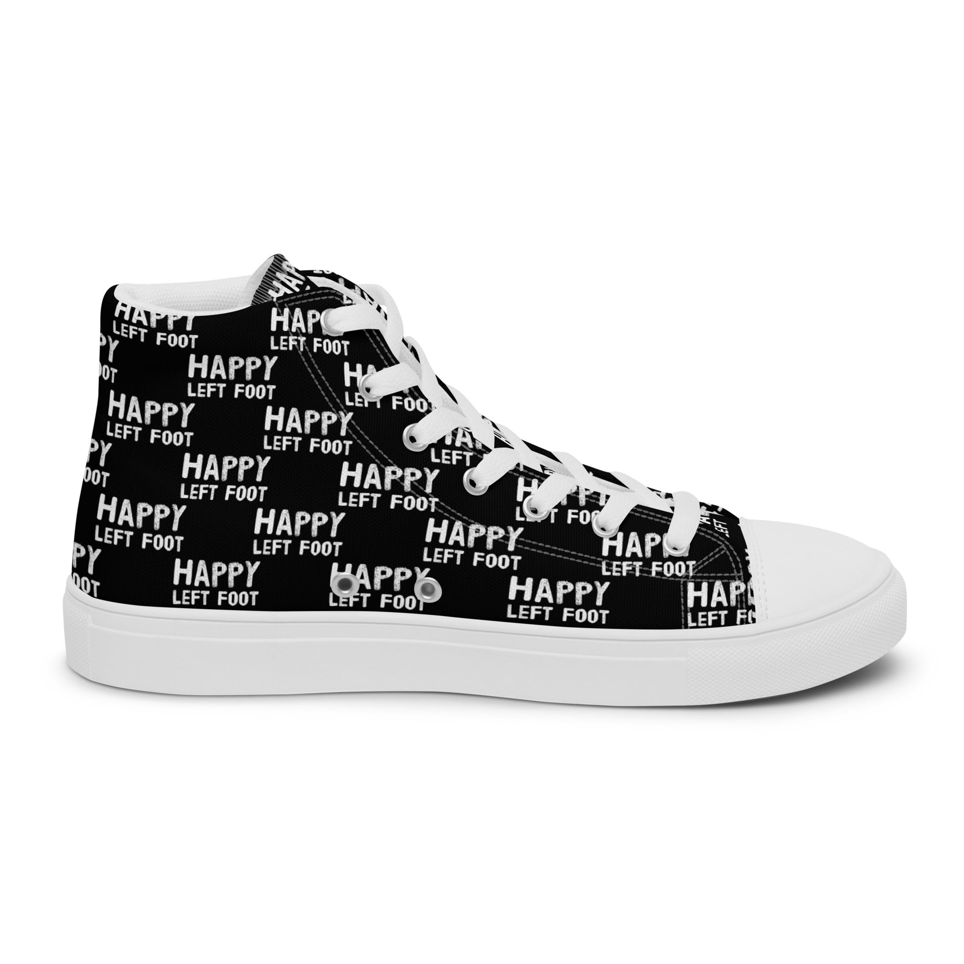 Left shoe inside view HappyStuff mens black high top sneakers with white playful pattern print of Happy Left Foot