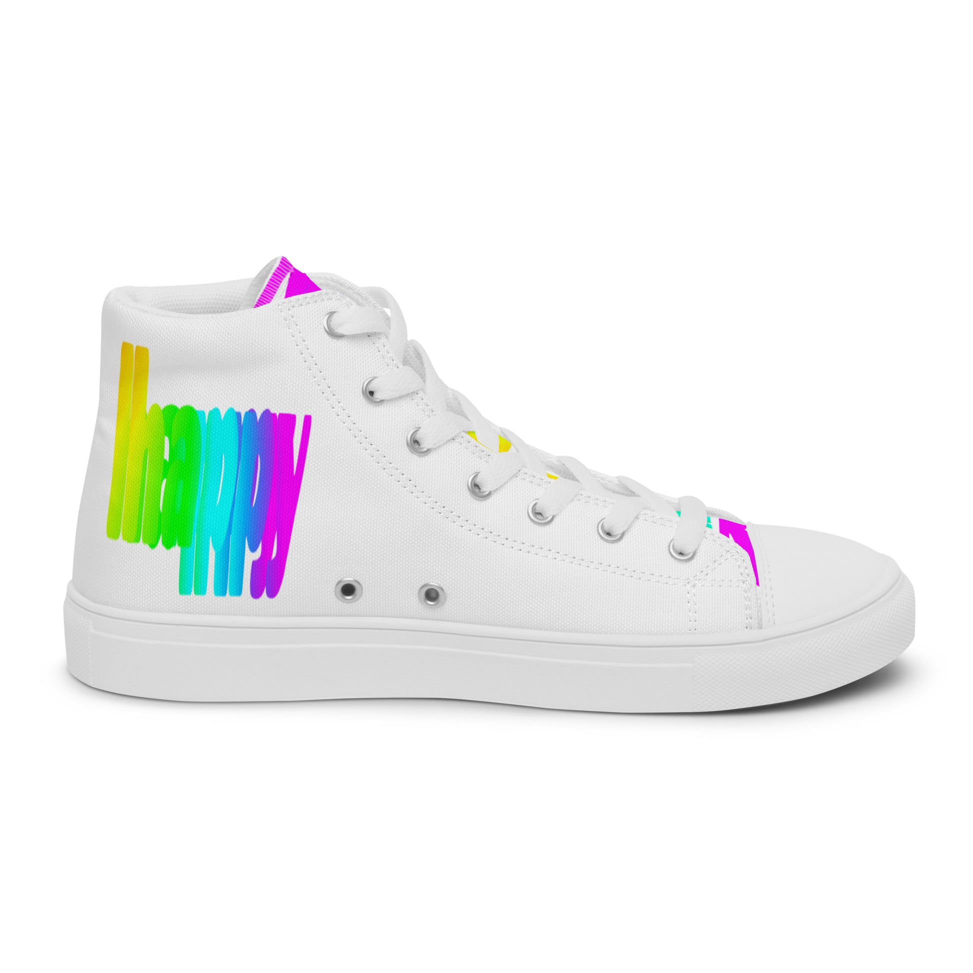 Rainbow shoes HappyStuff mens white high top sneakers Happy Rainbow Painted Print bright colour spectrum left shoe inside view