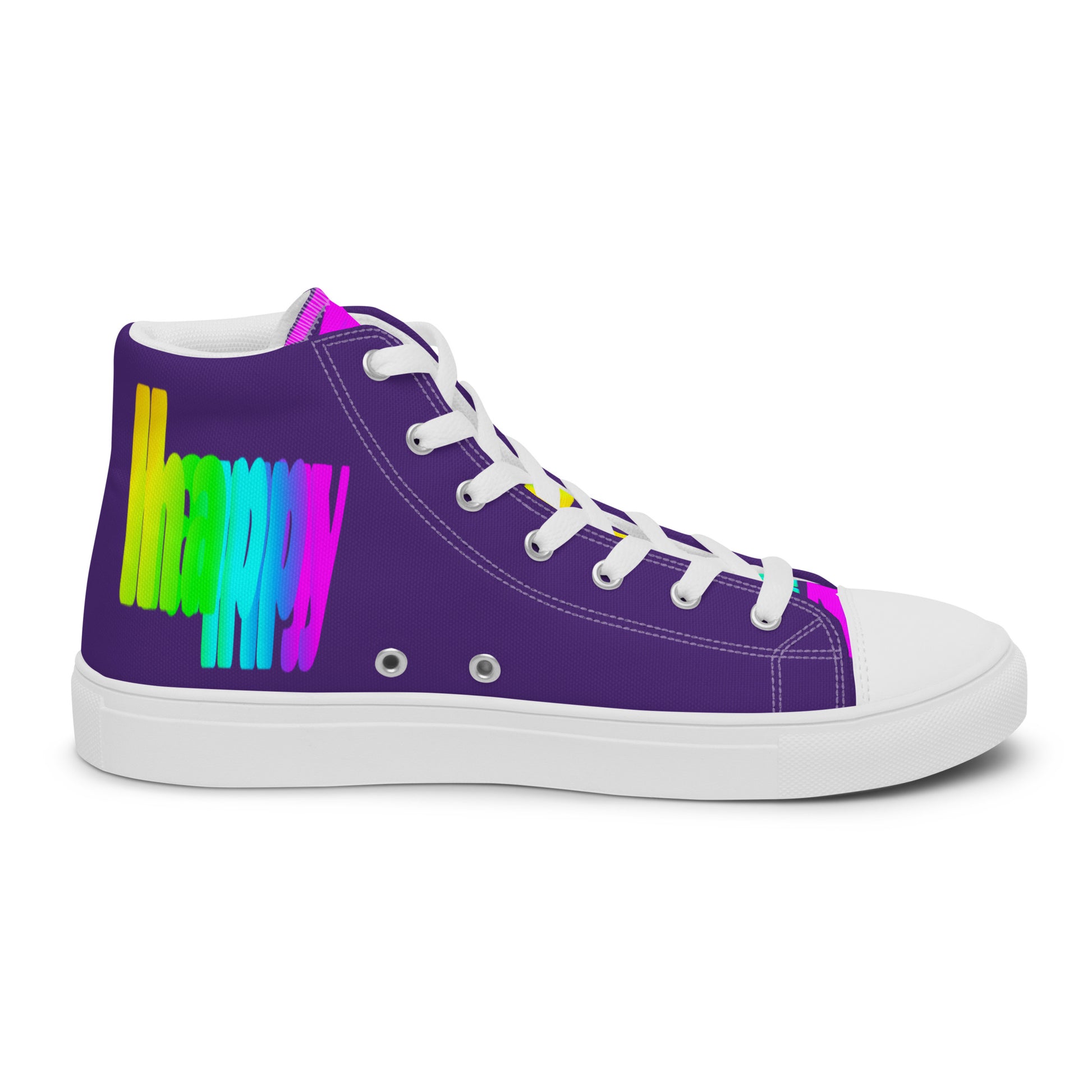 Rainbow shoes HappyStuff mens purple high top sneakers Happy Rainbow Painted Print bright colour spectrum left shoe inside view