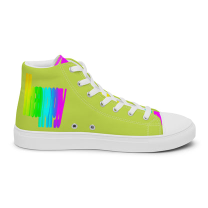 Rainbow shoes HappyStuff mens green high top sneakers Happy Rainbow Painted Print bright colour spectrum left shoe inside view