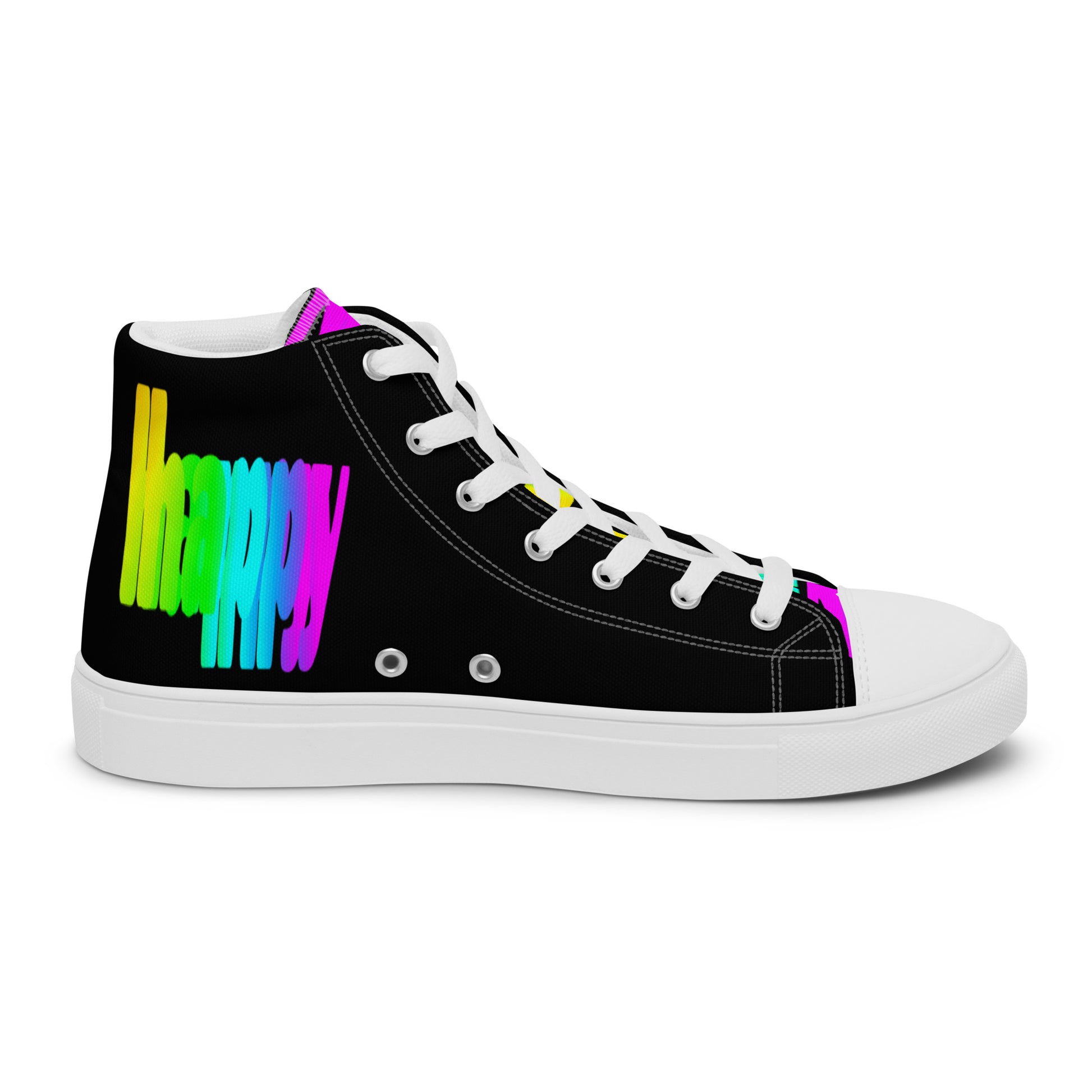 Rainbow shoes HappyStuff mens black high top sneakers Happy Rainbow Painted Print bright colour spectrum left shoe inside view