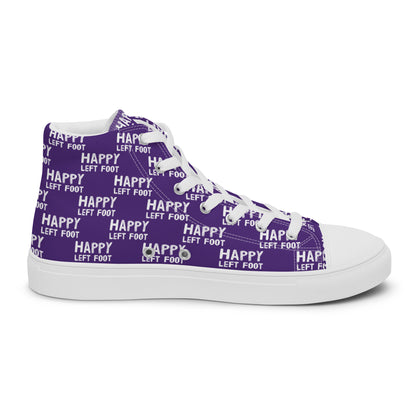 Left shoe inside view HappyStuff mens purple high top sneakers with white playful pattern print of Happy Left Foot