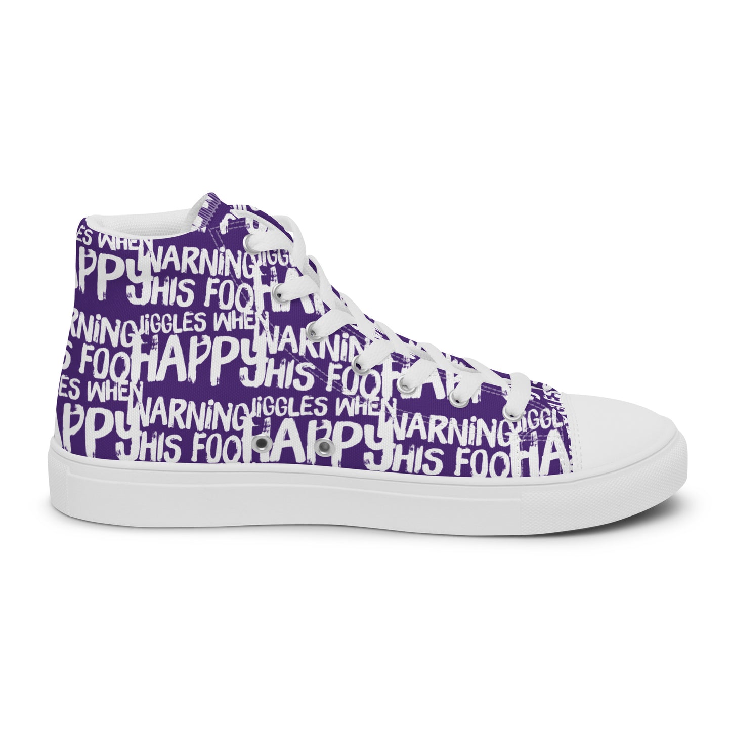 Left shoe inside view HappyStuff mens purple high top sneakers with playful white print Warning This Foot Jiggles When Happy