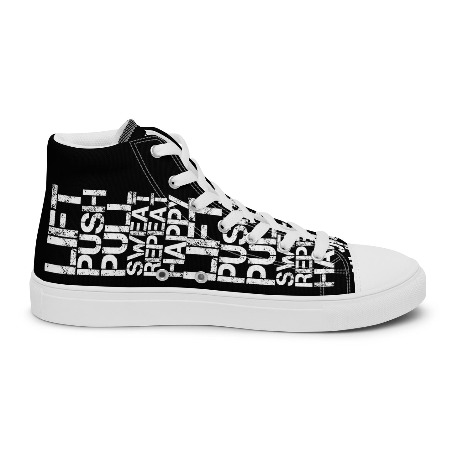 Left shoe inside view HappyStuff mens black high top sneakers with white lift push pull sweat repeat happy distress print