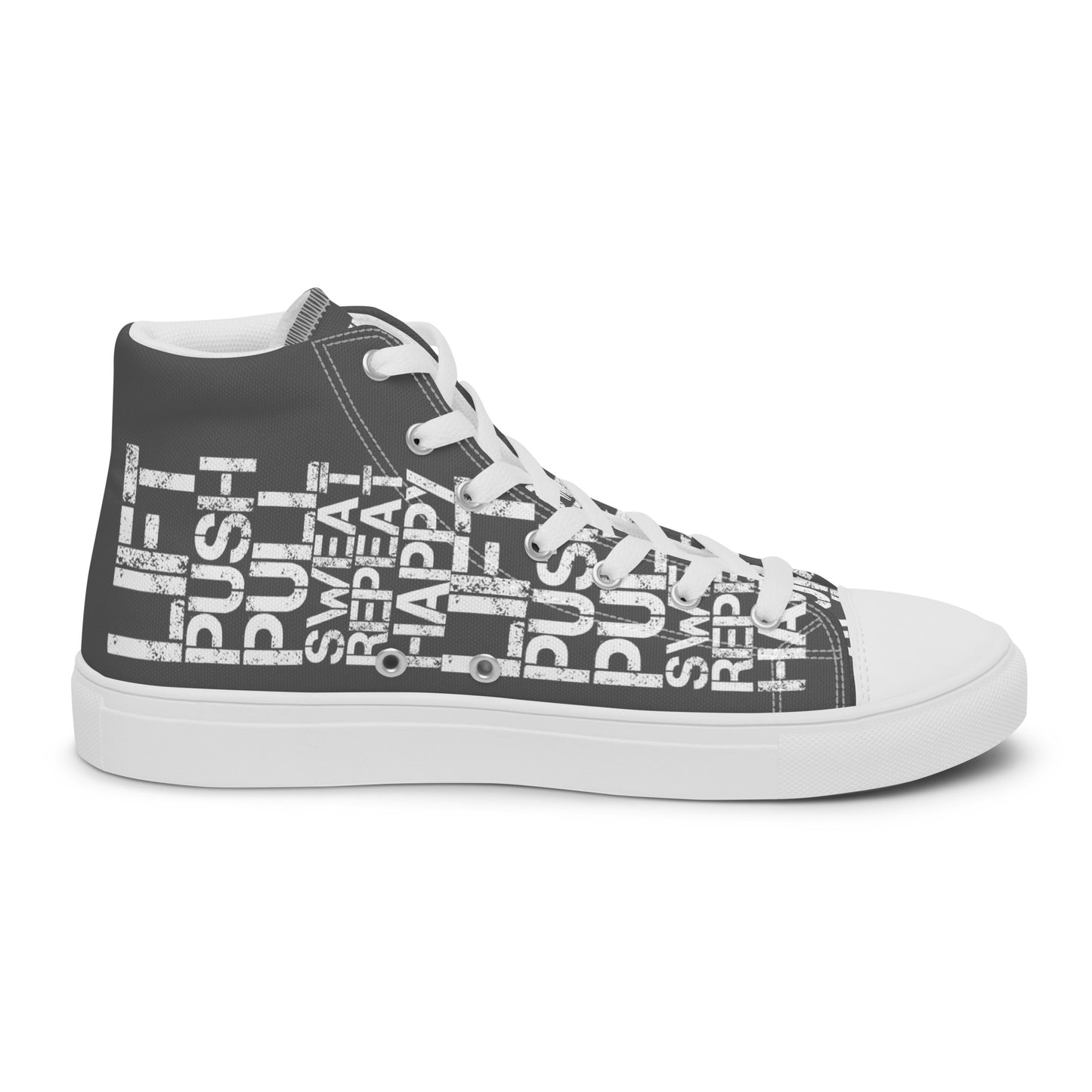 Left shoe inside view HappyStuff mens slate grey high top sneakers with white lift push pull sweat repeat happy distress print