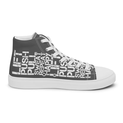 Left shoe inside view HappyStuff mens slate grey high top sneakers with white lift push pull sweat repeat happy distress print