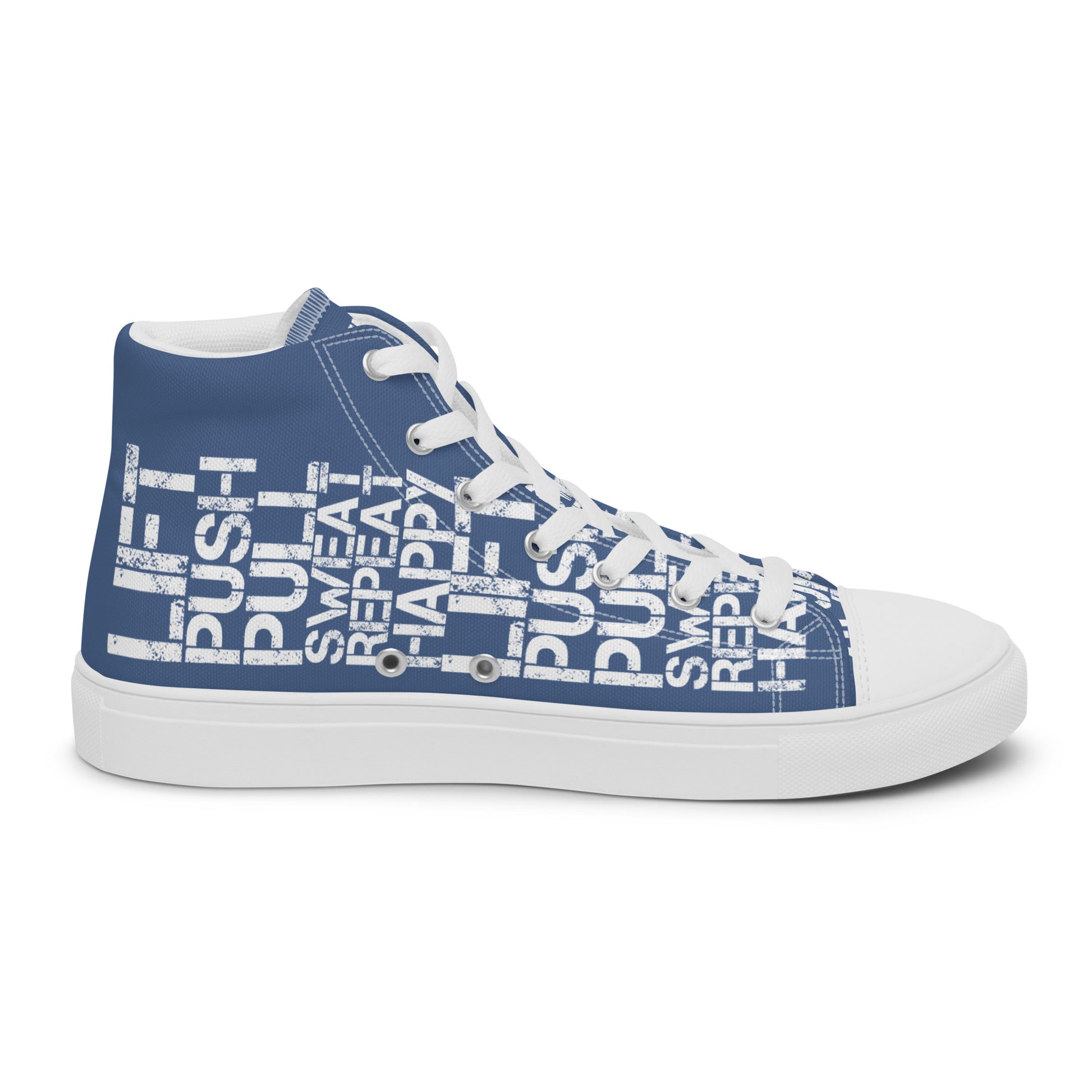 Left shoe inside view HappyStuff mens denim blue high top sneakers with white lift push pull sweat repeat happy distress print