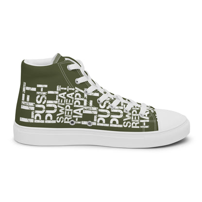 Left shoe inside view HappyStuff mens khaki green high top sneakers with white lift push pull sweat repeat happy distress print