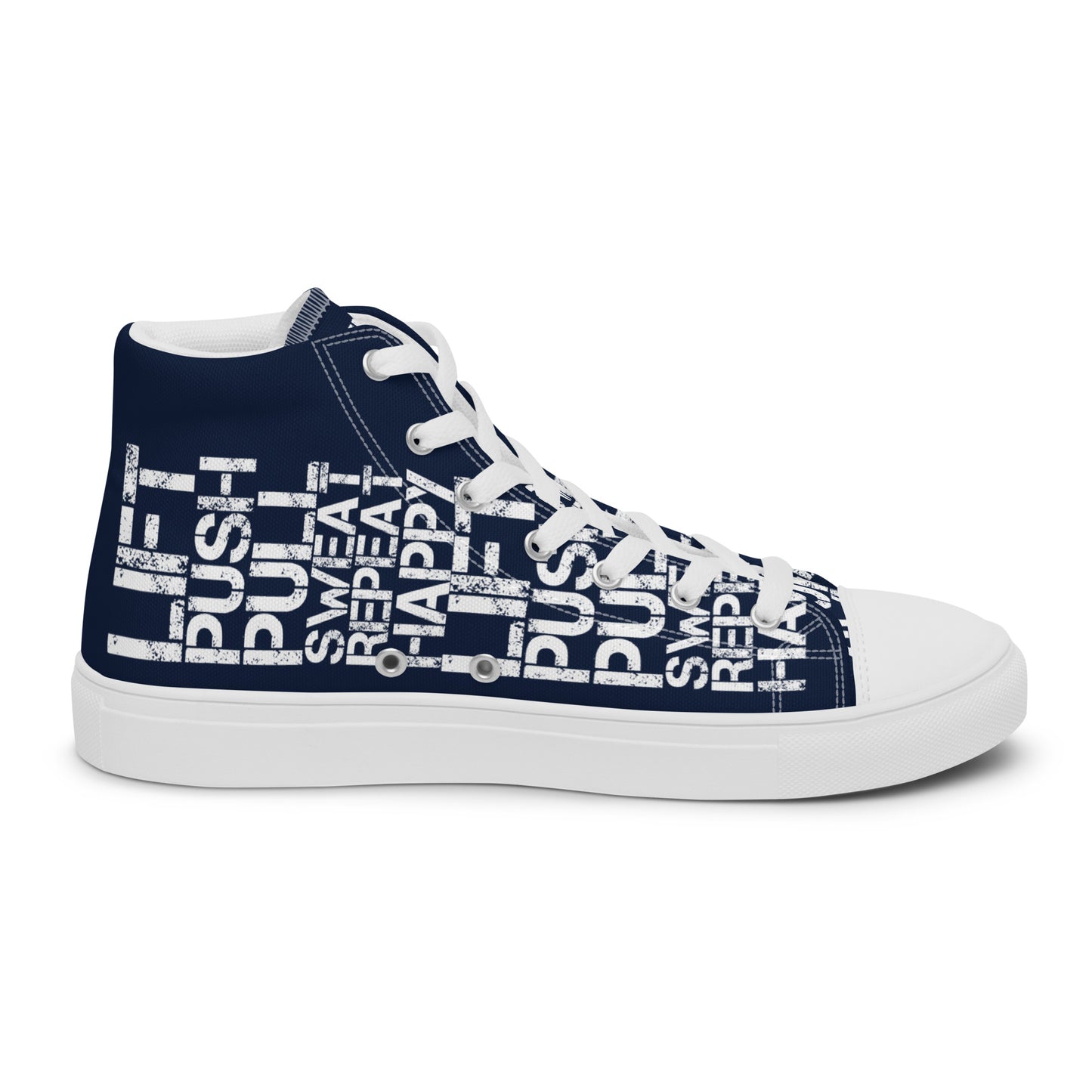 Left shoe inside view HappyStuff mens navy blue high top sneakers with white lift push pull sweat repeat happy distress print