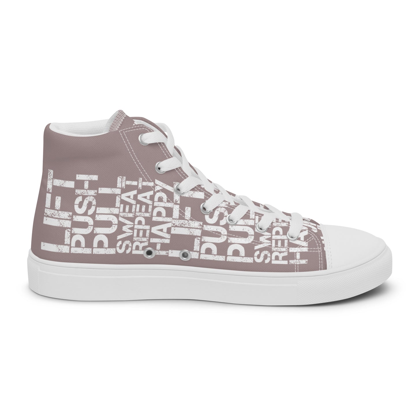 Left shoe inside view HappyStuff mens taupe high top sneakers with white lift push pull sweat repeat happy distress print