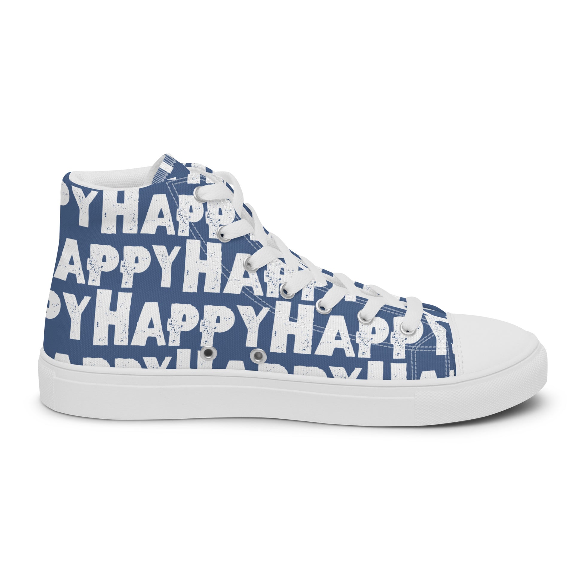 Cool Shoes Mens Sneakers inside view left shoe denim blue and white Happy Sponge Print High Top Sneakers HappyStuff brand