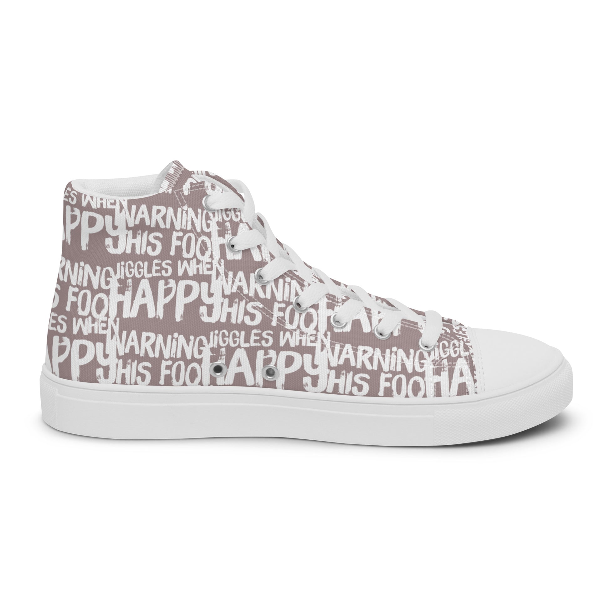 Left shoe inside view HappyStuff mens taupe high top sneakers with playful white print Warning This Foot Jiggles When Happy