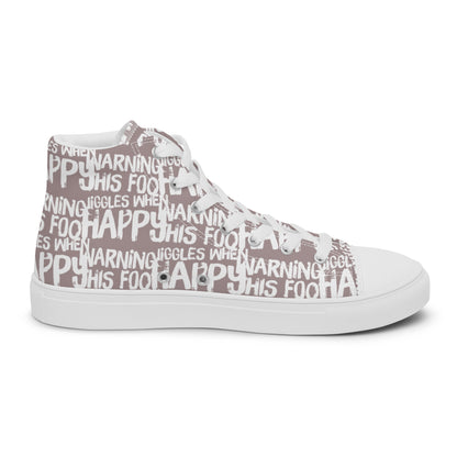 Left shoe inside view HappyStuff mens taupe high top sneakers with playful white print Warning This Foot Jiggles When Happy