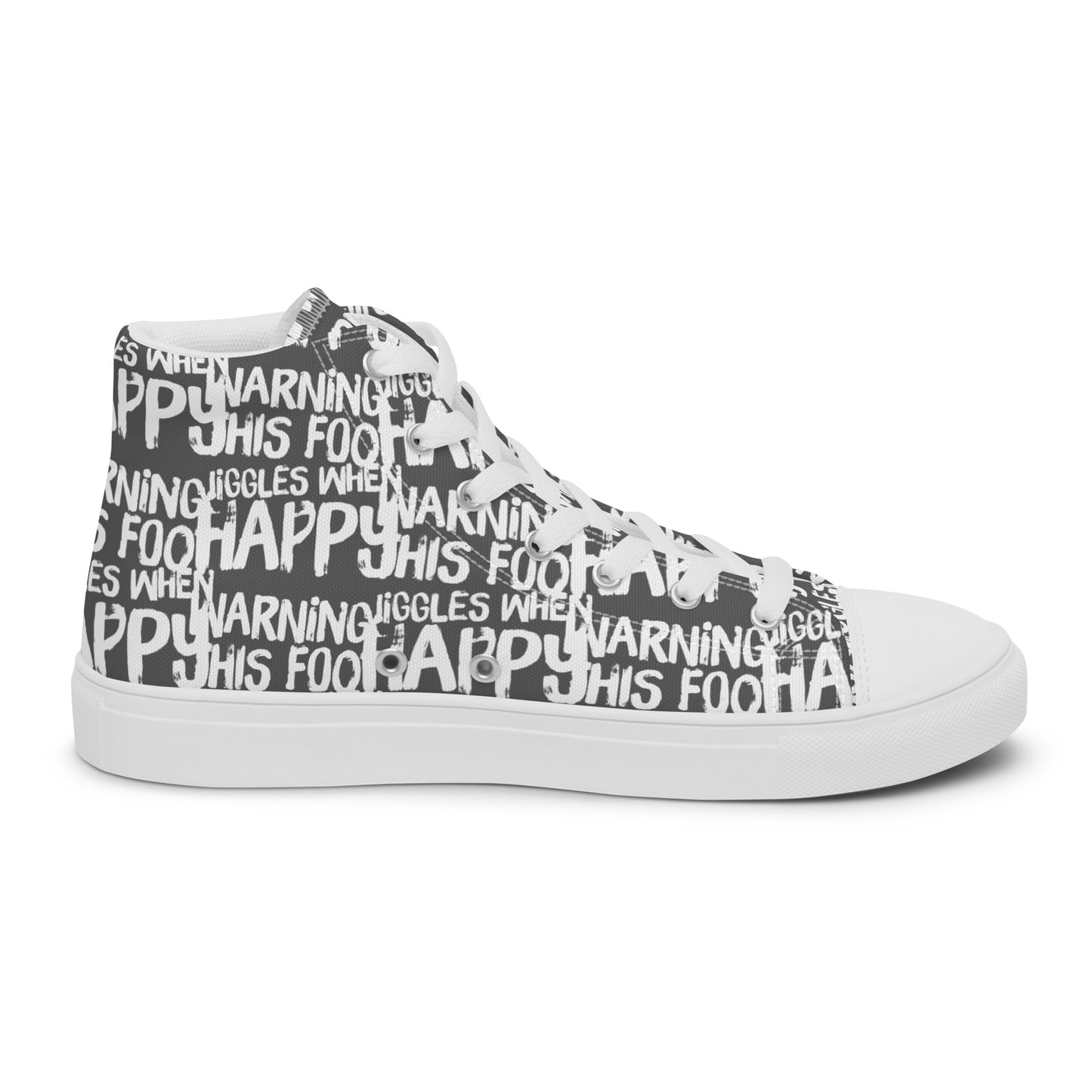 Left shoe inside view HappyStuff mens slate grey high top sneakers with playful white print Warning This Foot Jiggles When Happy