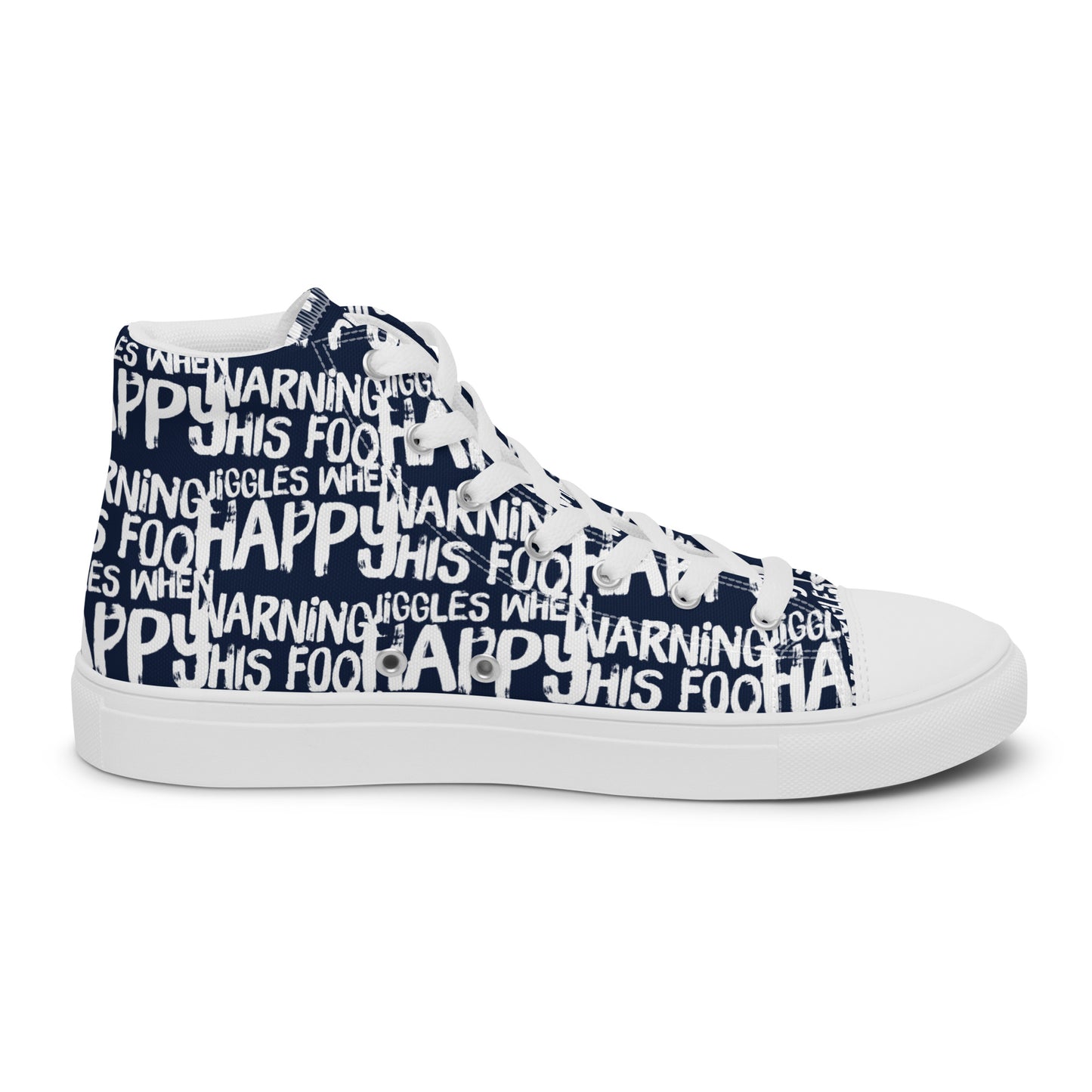 Left shoe inside view HappyStuff mens navy blue high top sneakers with playful white print Warning This Foot Jiggles When Happy