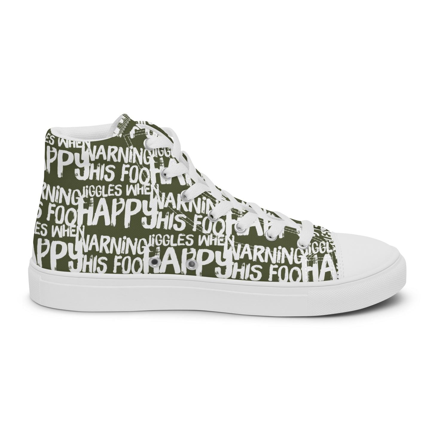 Left shoe inside view HappyStuff mens khaki green high top sneakers with playful white print Warning This Foot Jiggles When Happy