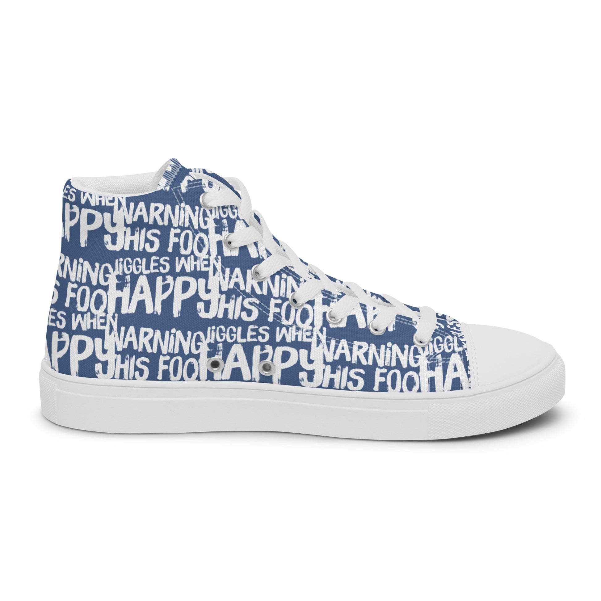 Left shoe inside view HappyStuff mens denim blue high top sneakers with playful white print Warning This Foot Jiggles When Happy