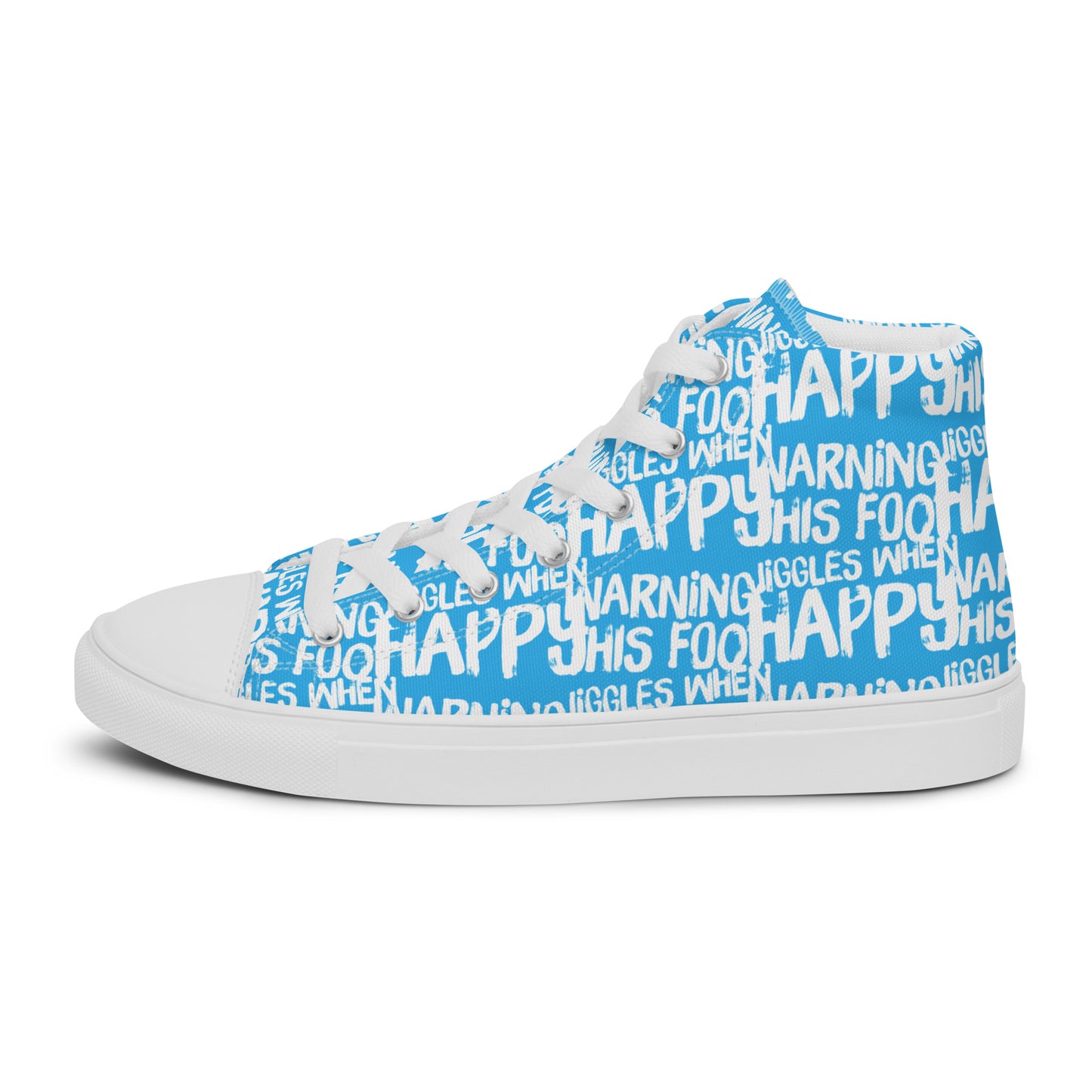 Left shoe side view HappyStuff mens blue high top sneakers with playful white print Warning This Foot Jiggles When Happy