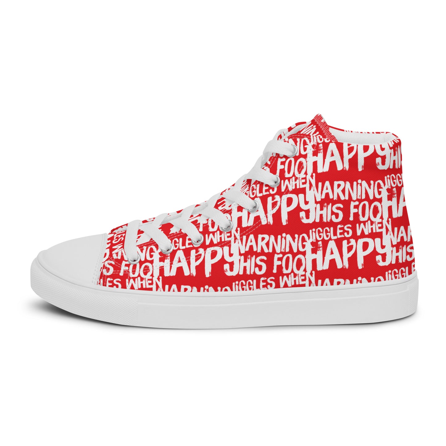 Left shoe side view HappyStuff mens red high top sneakers with playful white print Warning This Foot Jiggles When Happy