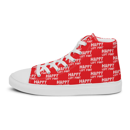 Left shoe side view HappyStuff mens red high top sneakers with white playful pattern print of Happy Left Foot