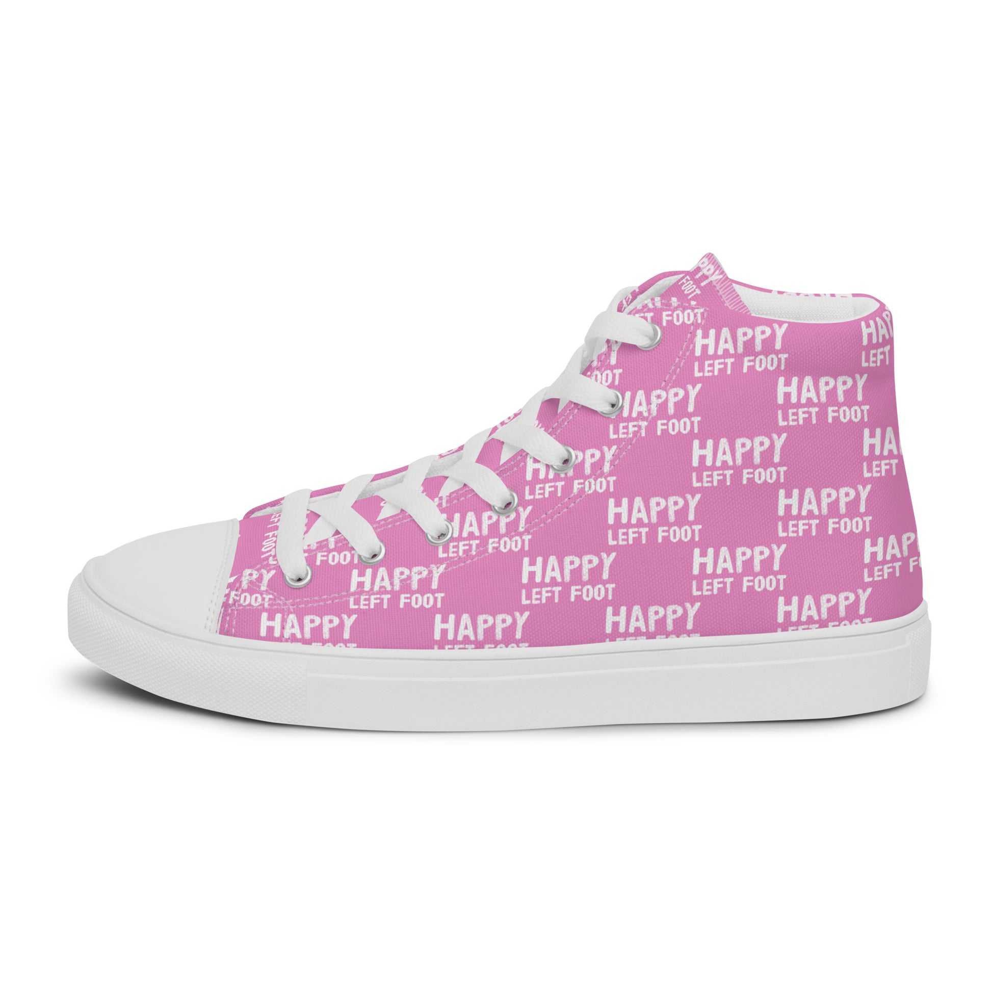 Left shoe side view HappyStuff mens pink high top sneakers with white playful pattern print of Happy Left Foot