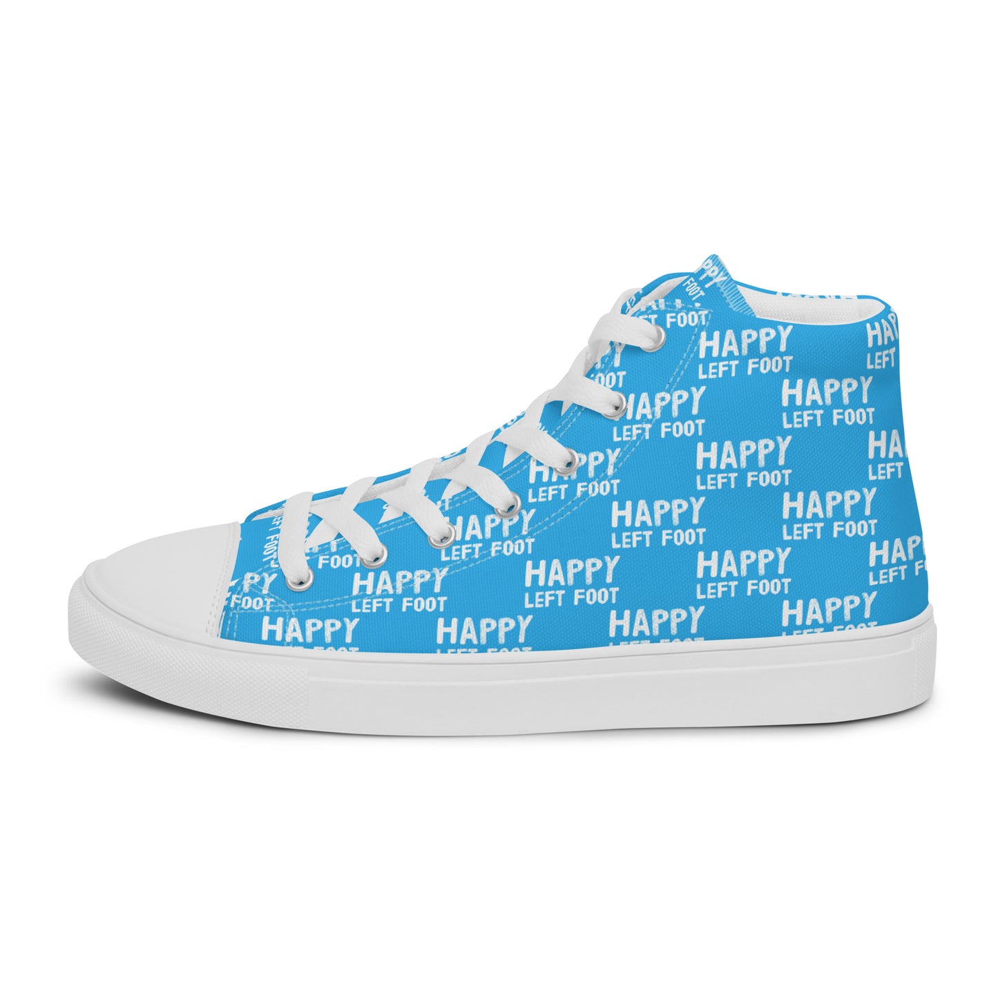 Left shoe side view HappyStuff mens blue high top sneakers with white playful pattern print of Happy Left Foot