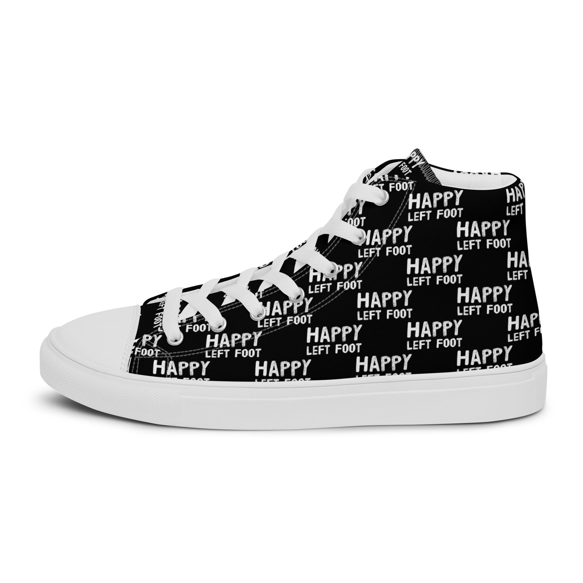 Left shoe side view HappyStuff mens black high top sneakers with white playful pattern print of Happy Left Foot