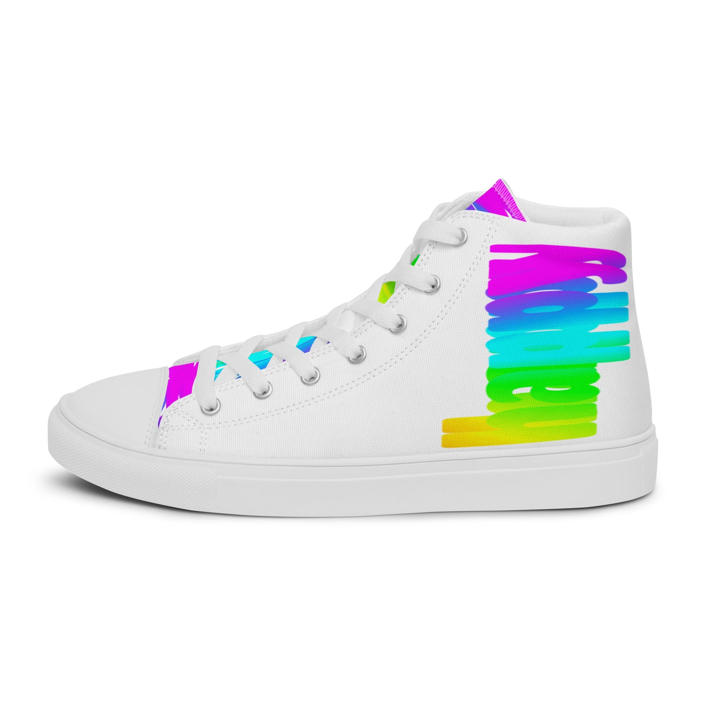 Left shoe side view HappyStuff mens white high top sneakers Happy Rainbow Painted Print bright colour spectrum rainbow shoes