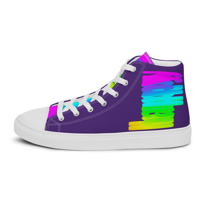 Left shoe side view HappyStuff mens purple high top sneakers Happy Rainbow Painted Print bright colour spectrum rainbow shoes