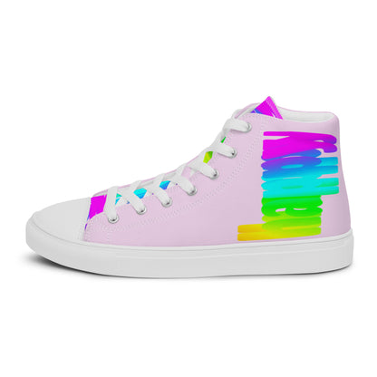 Left shoe side view HappyStuff mens pink high top sneakers Happy Rainbow Painted Print bright colour spectrum rainbow shoes