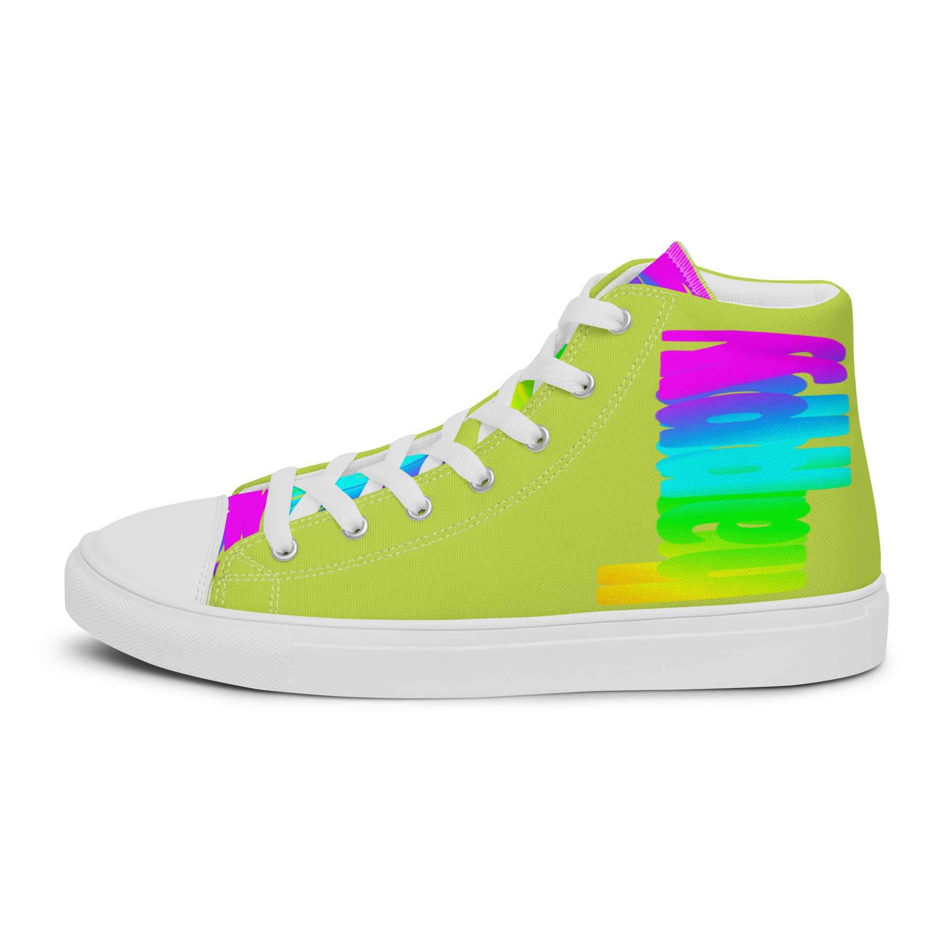 Left shoe side view HappyStuff mens green high top sneakers Happy Rainbow Painted Print bright colour spectrum rainbow shoes