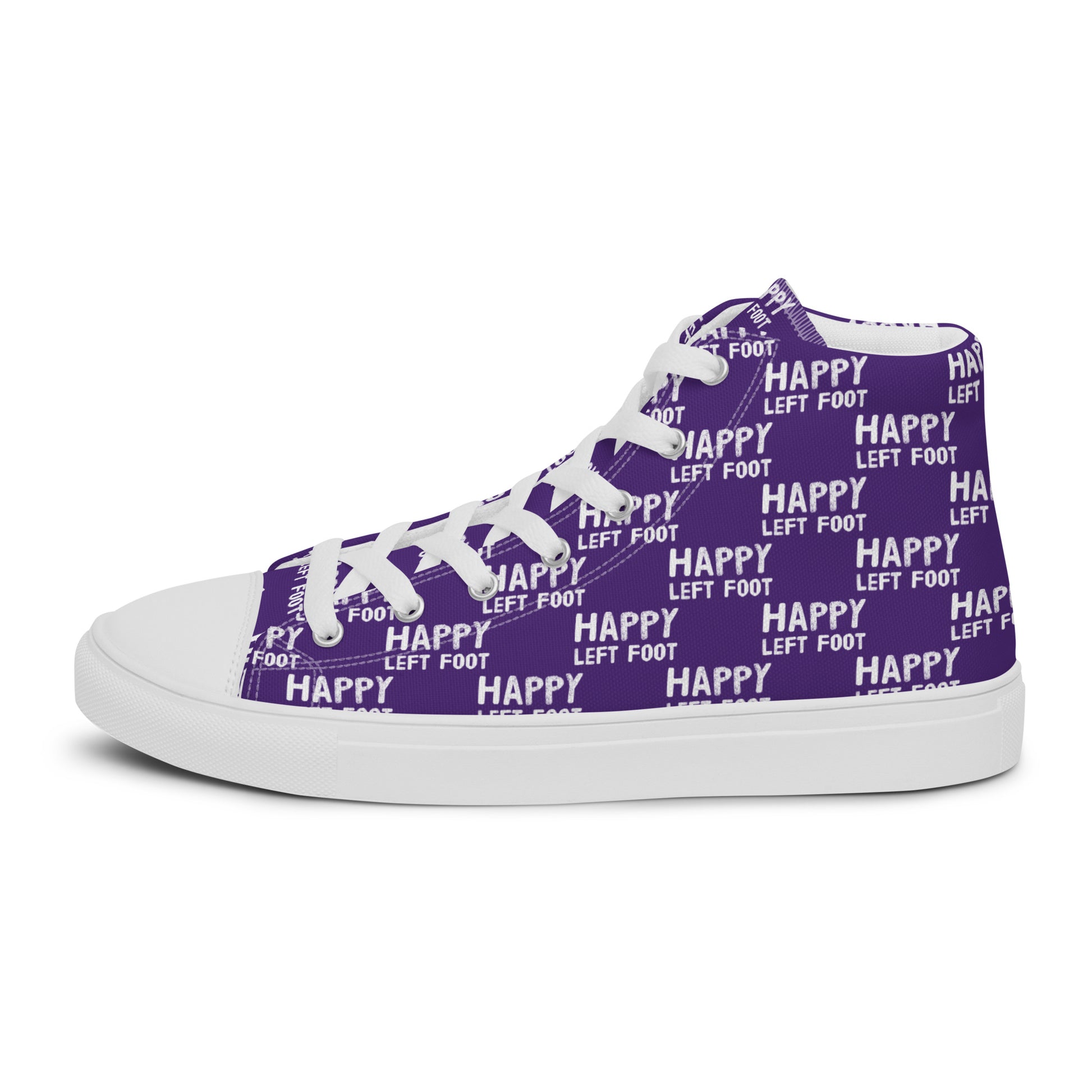 Left shoe side view HappyStuff mens purple high top sneakers with white playful pattern print of Happy Left Foot