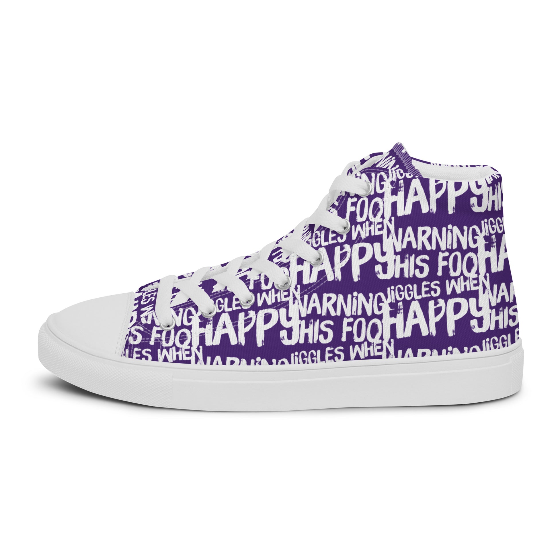 Left shoe side view HappyStuff mens purple high top sneakers with playful white print Warning This Foot Jiggles When Happy