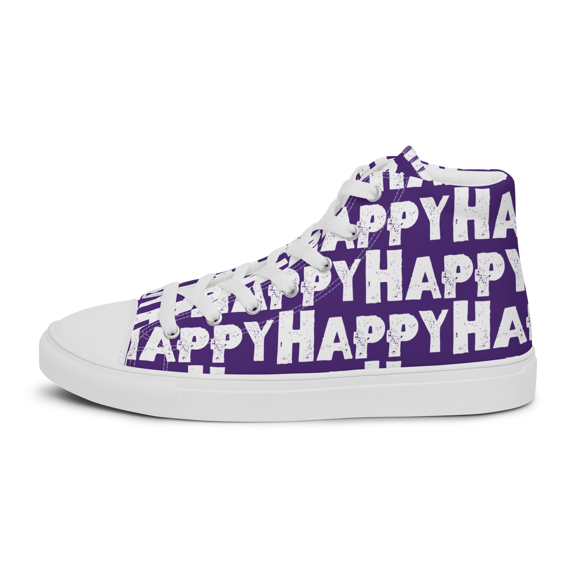 Cool Shoes Mens Sneakers outside view left shoe purple and white Happy Sponge Print High Top Sneakers HappyStuff brand