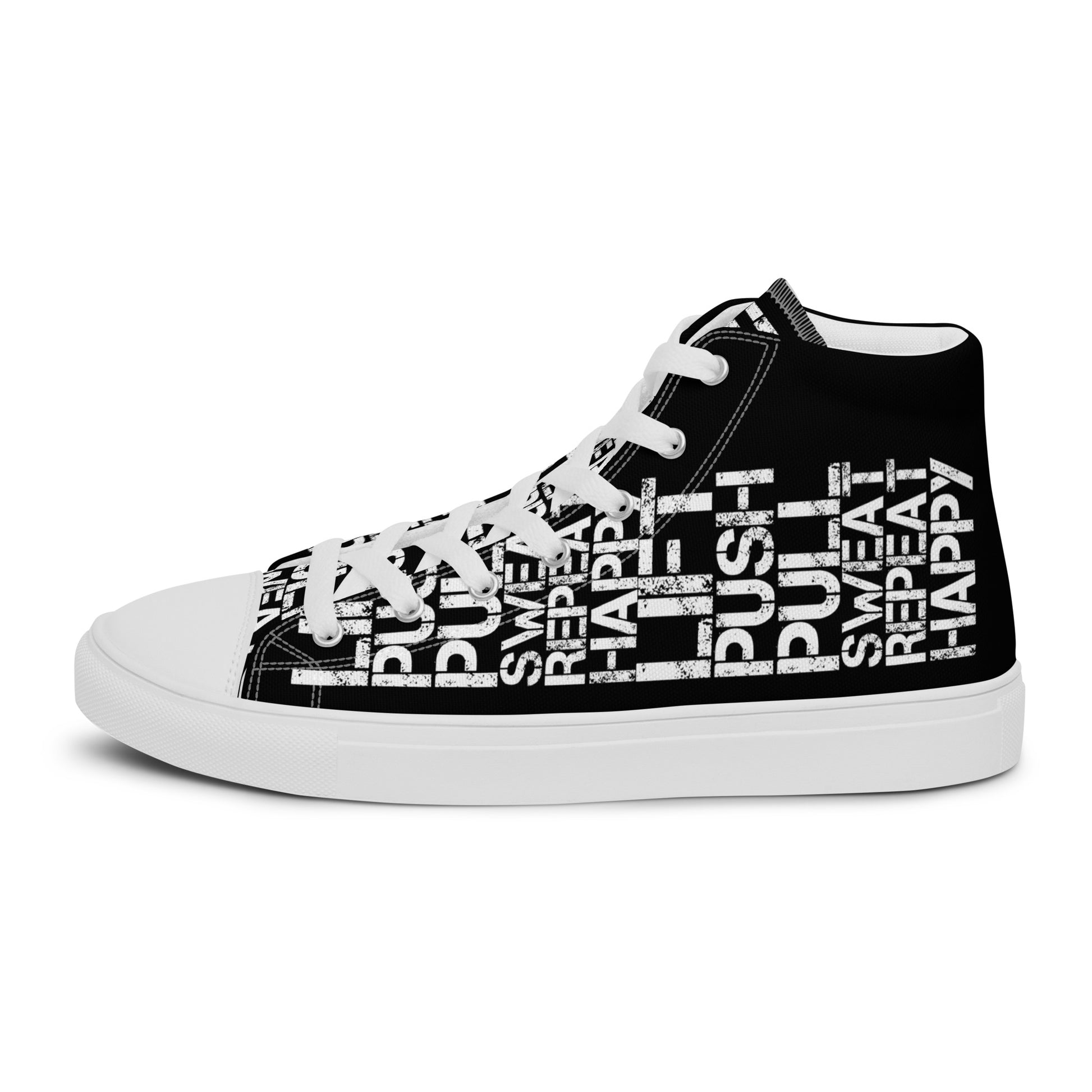 Left shoe side view HappyStuff mens black high top sneakers with white lift push pull sweat repeat happy distress print