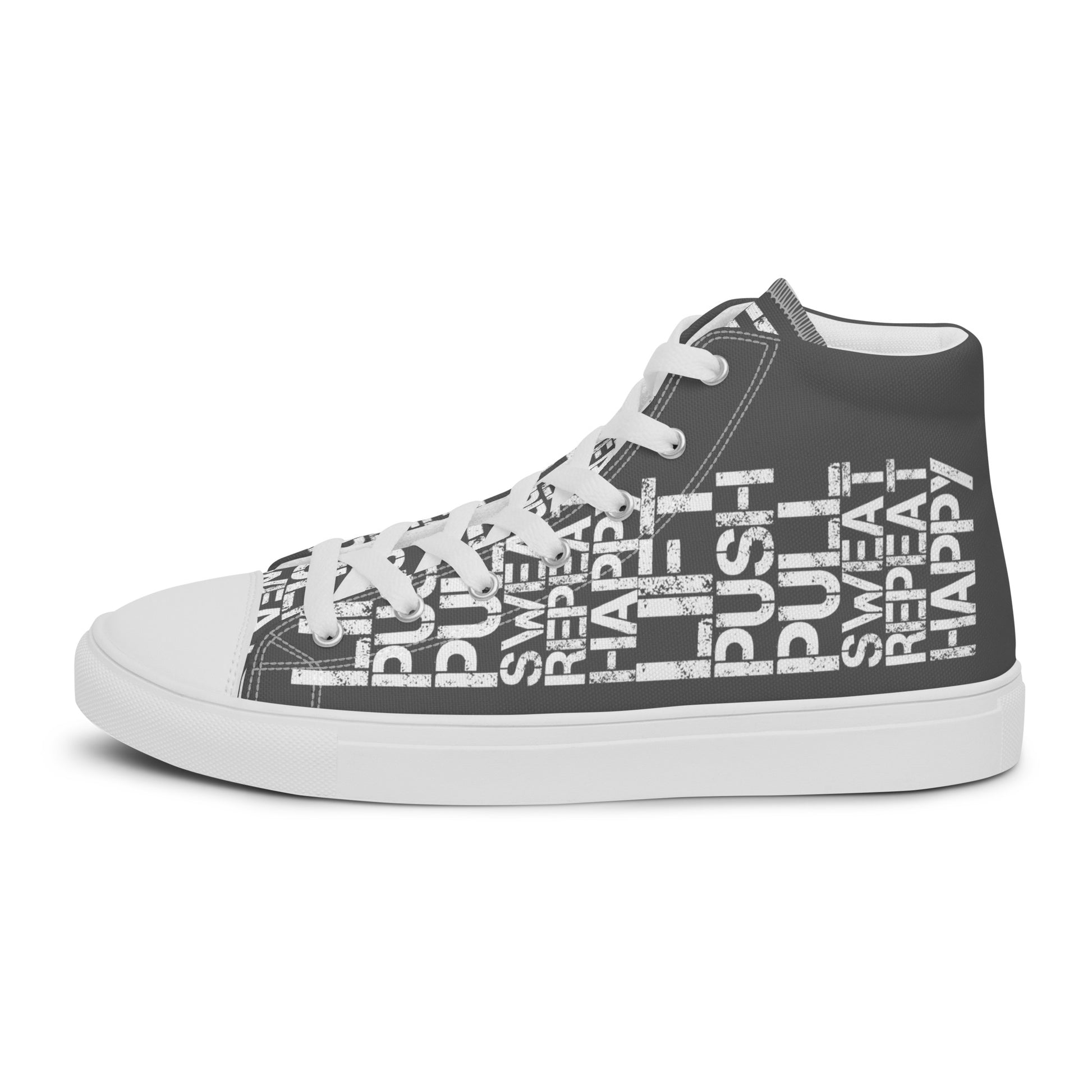 Left shoe side view HappyStuff mens slate grey high top sneakers with white lift push pull sweat repeat happy distress print