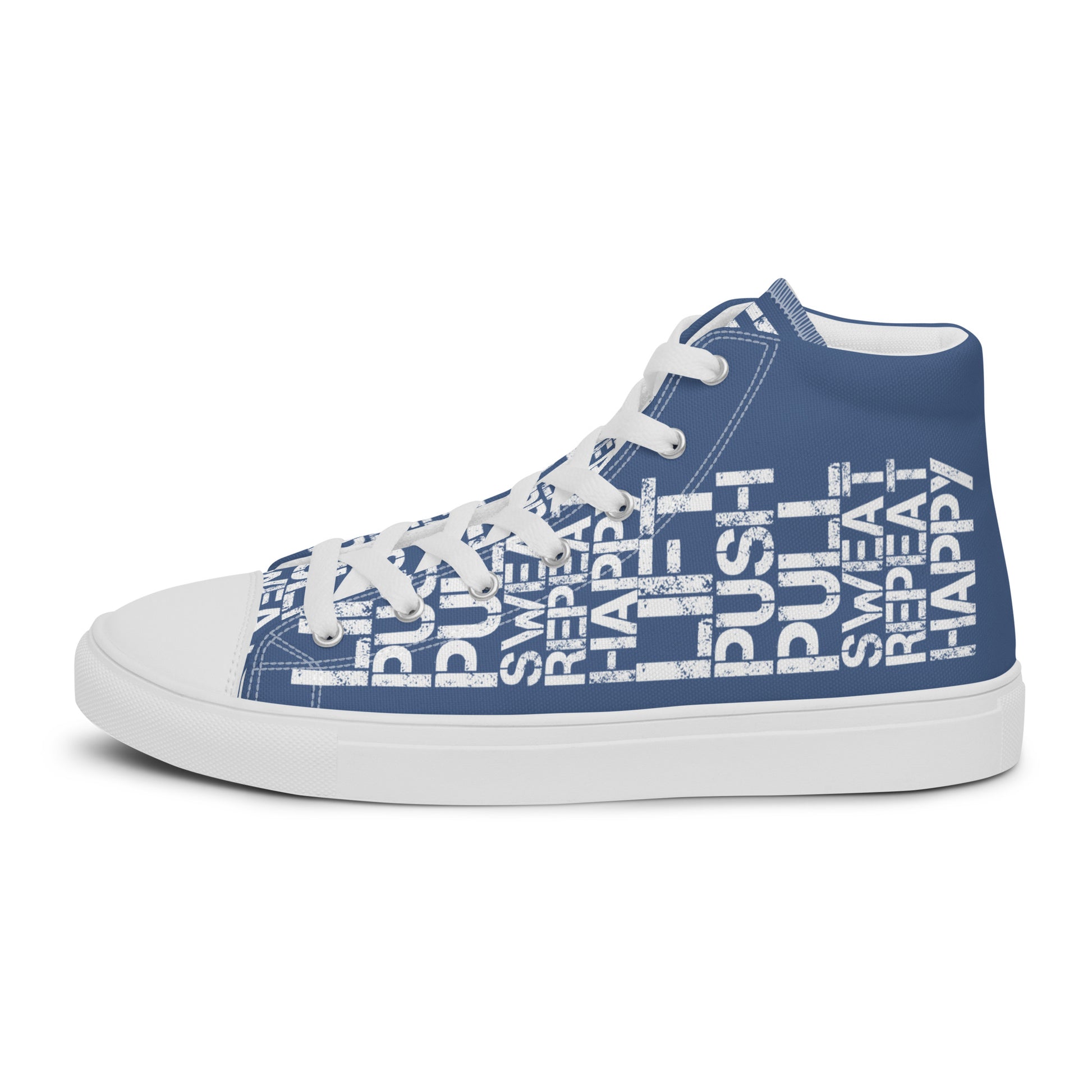 Left shoe side view HappyStuff mens denim blue high top sneakers with white lift push pull sweat repeat happy distress print