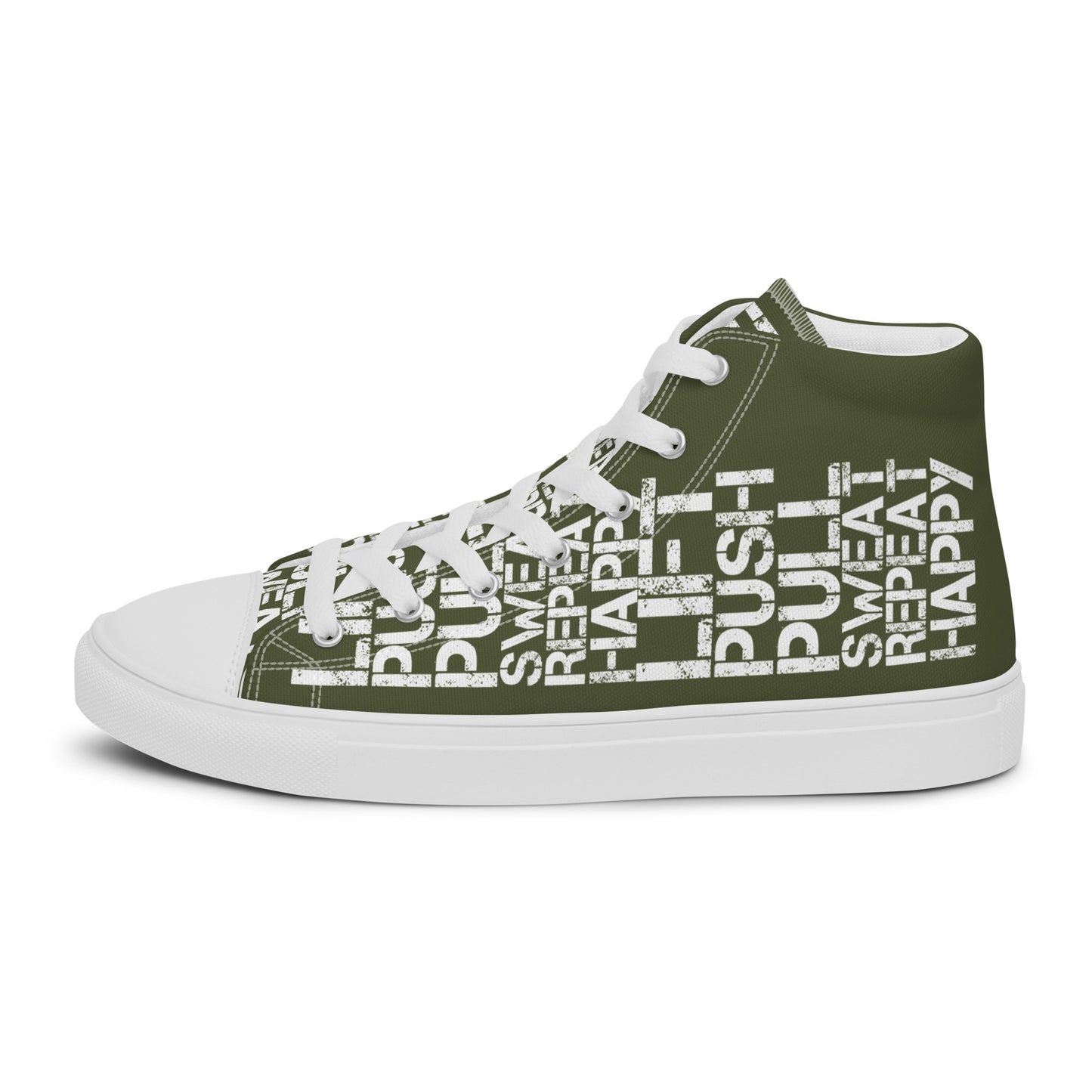 Left shoe side view HappyStuff mens khaki green high top sneakers with white lift push pull sweat repeat happy distress print