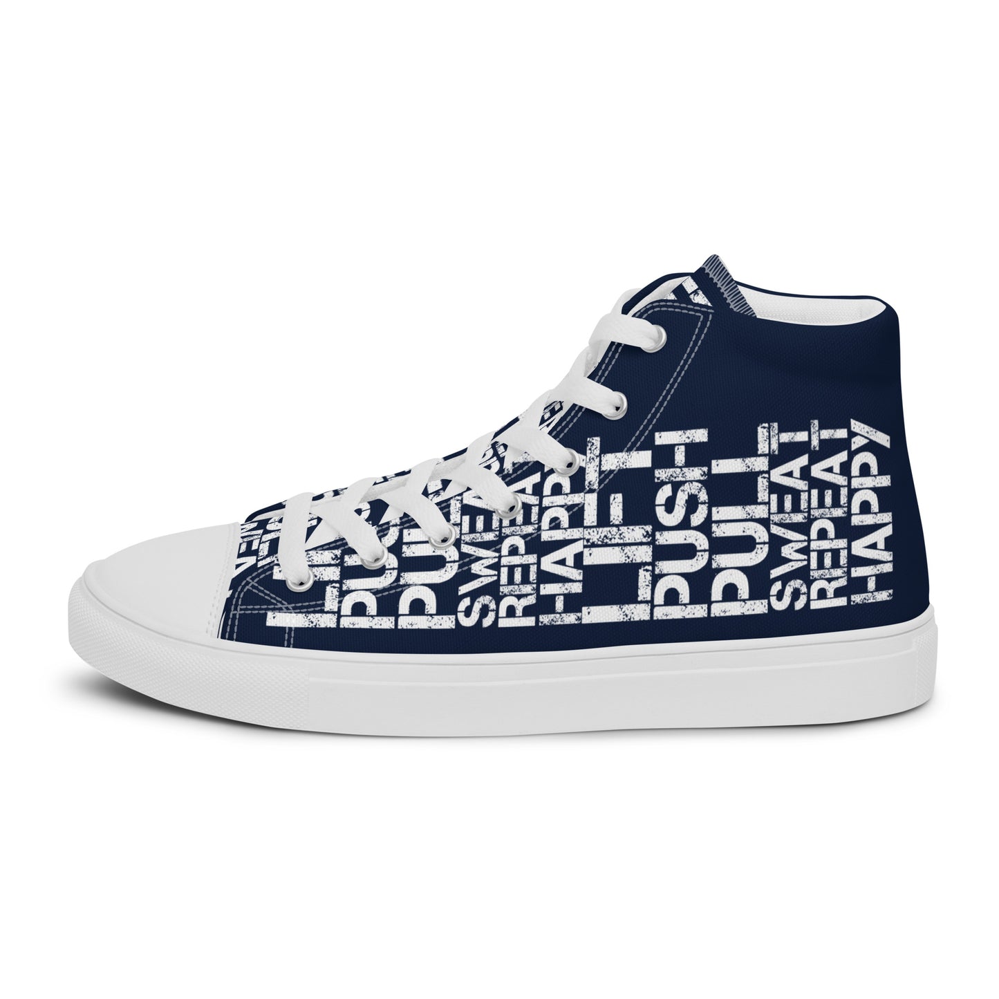 Left shoe side view HappyStuff mens navy blue high top sneakers with white lift push pull sweat repeat happy distress print