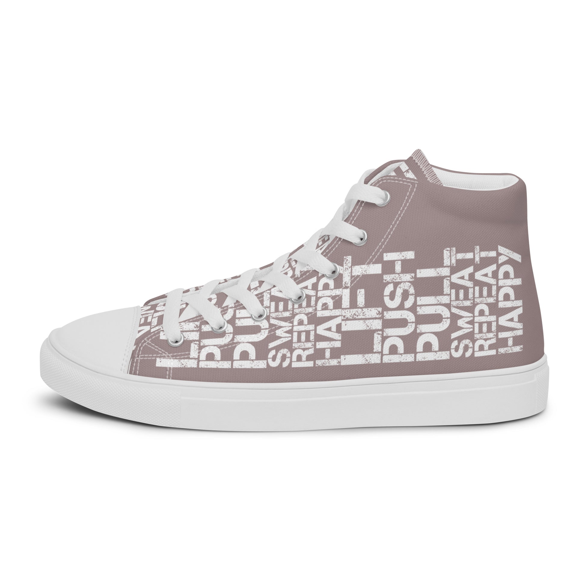 Left shoe side view HappyStuff mens taupe high top sneakers with white lift push pull sweat repeat happy distress print