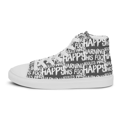 Left shoe side view HappyStuff mens slate grey high top sneakers with playful white print Warning This Foot Jiggles When Happy