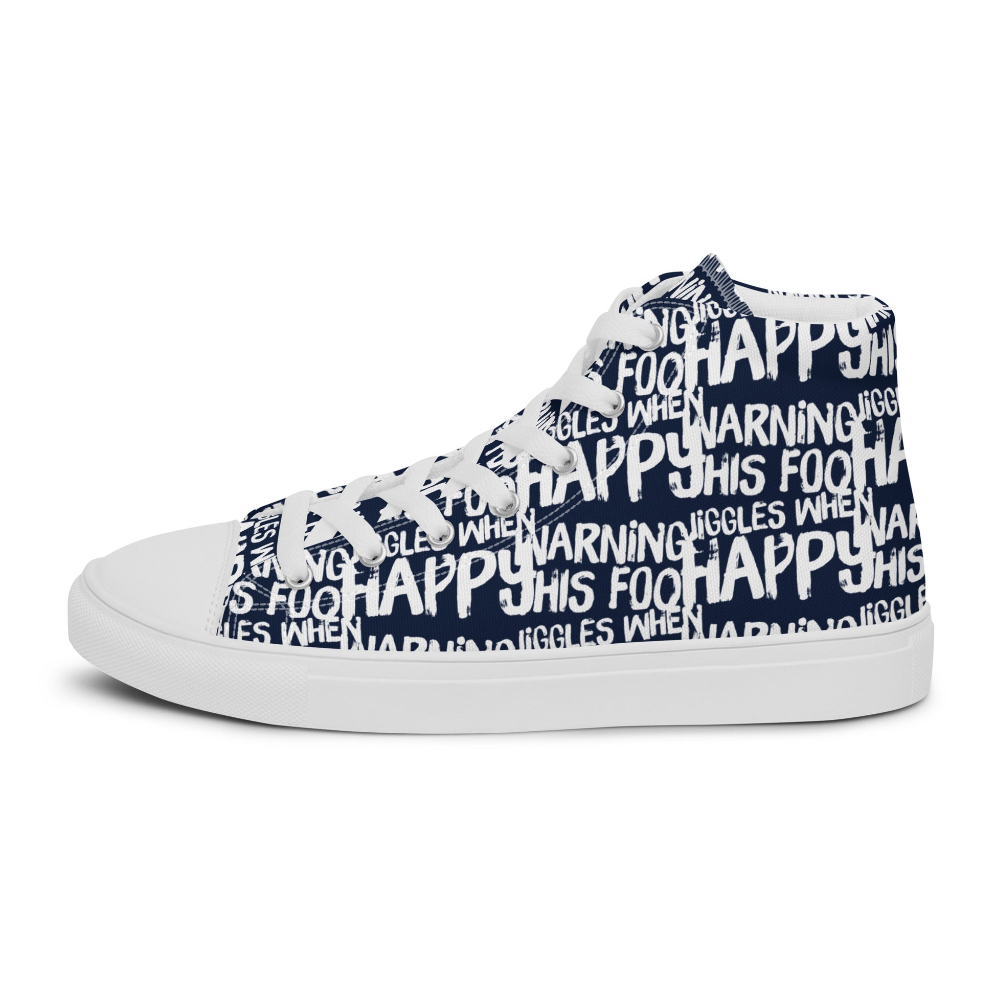 Left shoe side view HappyStuff mens navy blue high top sneakers with playful white print Warning This Foot Jiggles When Happy