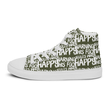 Left shoe side view HappyStuff mens khaki green high top sneakers with playful white print Warning This Foot Jiggles When Happy