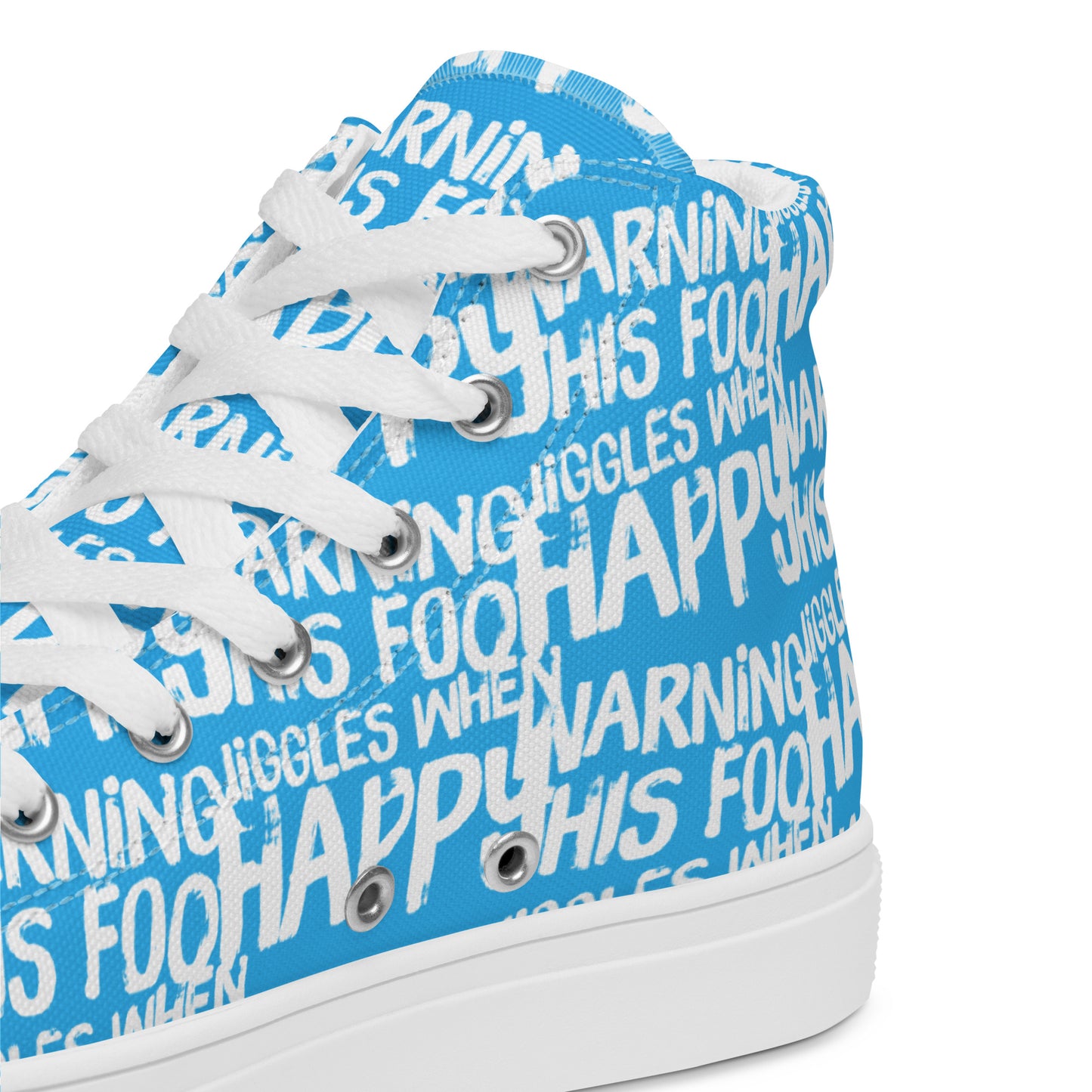 HappyStuff blue high tops with playful white print Warning This Foot Jiggles When Happy inside heel side closeup view