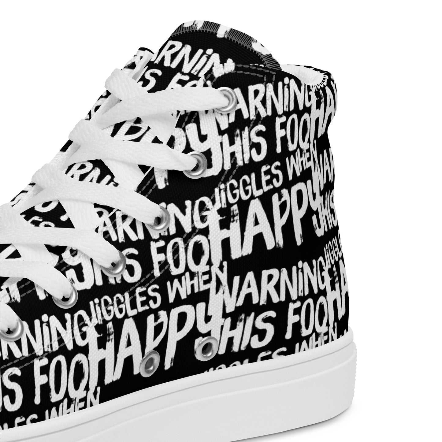 HappyStuff black high tops with playful white print Warning This Foot Jiggles When Happy inside heel side closeup view