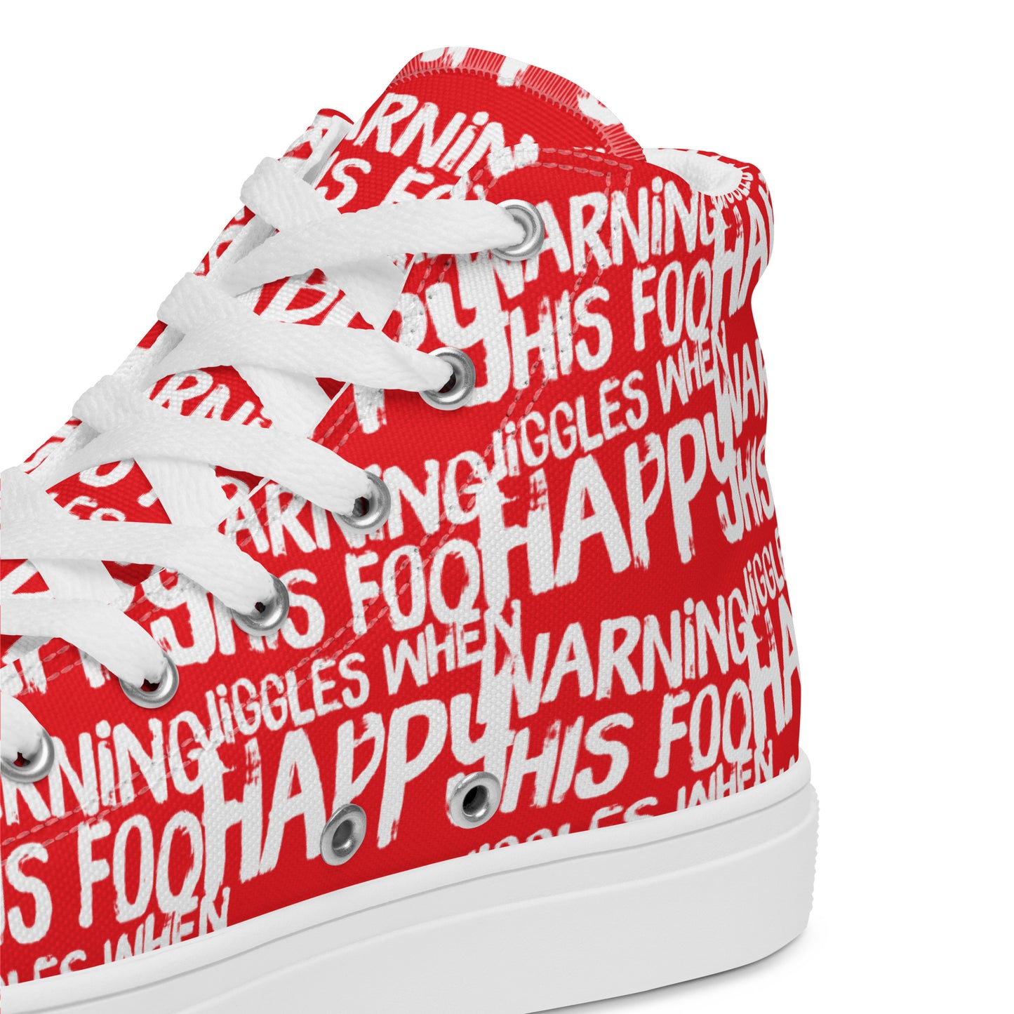 HappyStuff red high tops with playful white print Warning This Foot Jiggles When Happy inside heel side closeup view