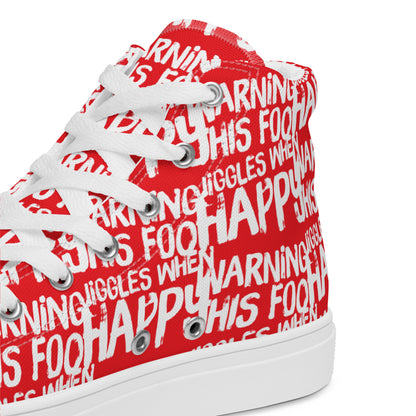 HappyStuff red high tops with playful white print Warning This Foot Jiggles When Happy inside heel side closeup view