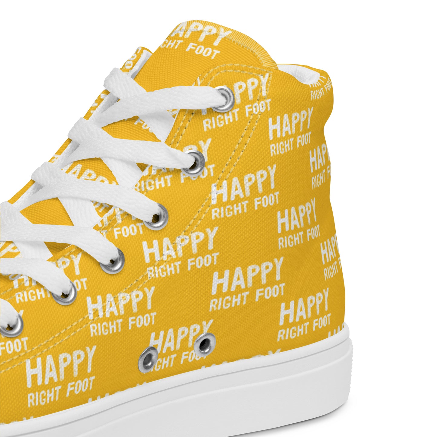 HappyStuff yellow high tops with playful Happy Left Foot Happy Right Foot Pattern Print yellow and white closeup view inside heel side